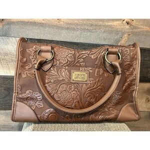 Frye and Co Tooled Satchel Cognac Faux Leather Bag